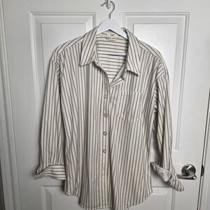 Maurices Cream and Black Striped Button-Down Shirt- Oversized .